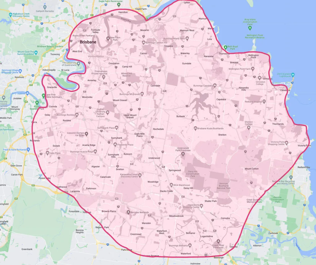 A map of Brisbane showing areas that Helen Walker Occupational Therapy services.